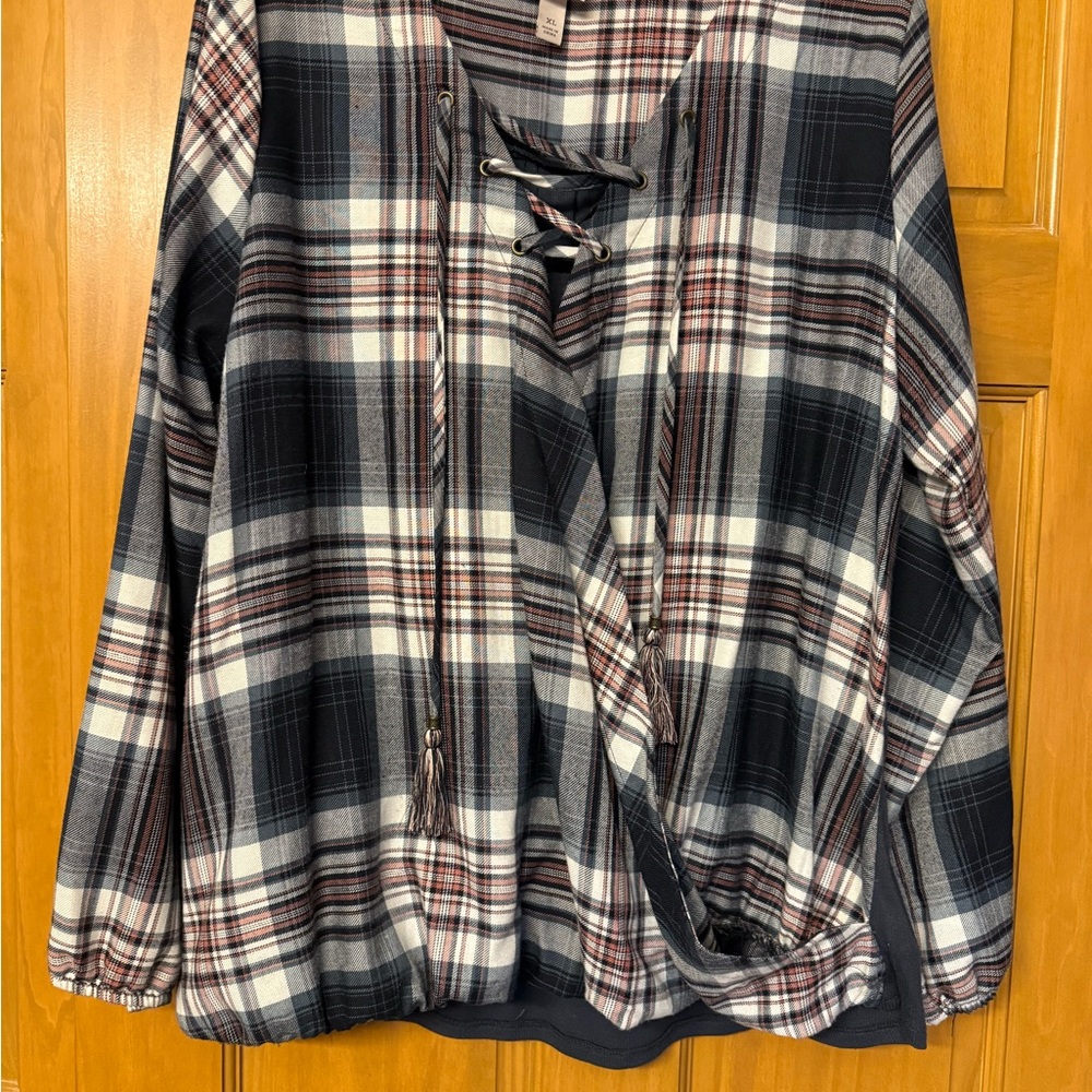 Knox Rose Navy Plaid Lace-Up Blouse